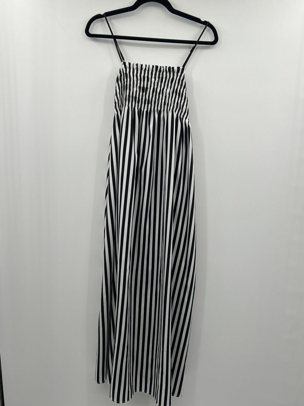 Black White Striped Smocked Flowy Maxi Dress Boho Coastal Minimalist Size Large